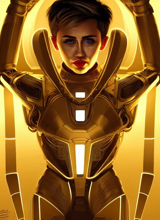 Image similar to symmetry!! portrait of miley cyrus, gold sci - fi armour, tech wear, glowing lights!! sci - fi, intricate, elegant, highly detailed, digital painting, artstation, concept art, smooth, sharp focus, illustration, art by artgerm and greg rutkowski and alphonse mucha