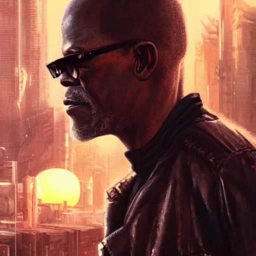Image similar to samuel jackson, cyberpunk ex soldier with a scar in his face, sunset, neuromancer, cyberpunk city background, megacity, gorgeous view, depth, painted by seb mckinnon, high detail, digital art, painted by greg rutkowski, trending on artstation