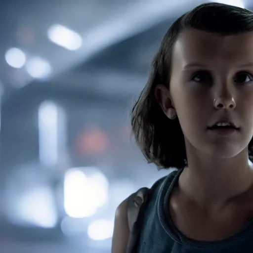 Prompt: Millie Bobby Brown as the Terminator, movie still, dramatic, dark, bloody, doomsday