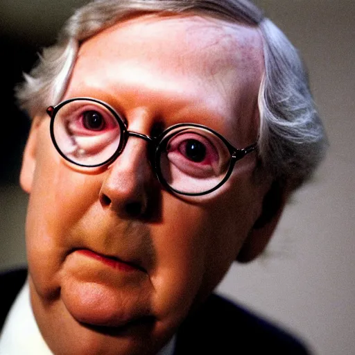 Prompt: mitch mcconnell melting. horror film photograph.