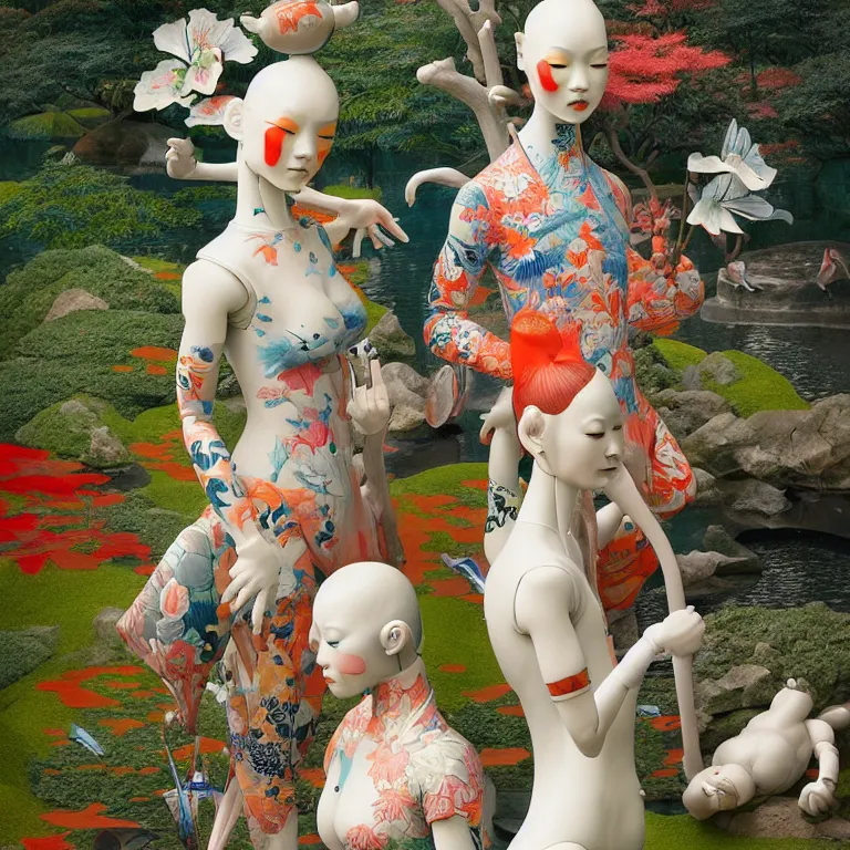 Prompt: Vibrant Japanese Garden by Hieronymus Bosch and James Jean, part by Ross Tran, 3d Rendered Porcelain Japanese Mannequins, HD, very cohesive, symmetry, serenity, hypermaximalist, 8k, surreal oil painting, highly detailed, dream like, masterpiece