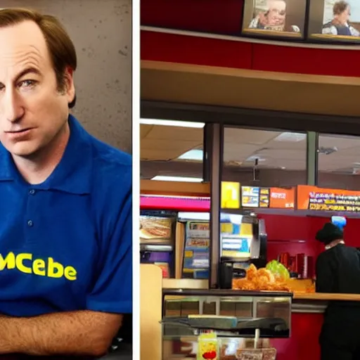 Prompt: Bob Odenkirk works at Mcdonalds, background of McDonalds interior