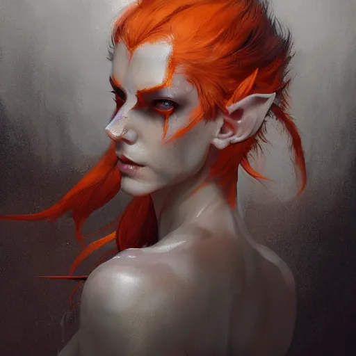 Image similar to portrait of a Short elf with grey skin, orange/red hair, elf ears, their eyes are completely yellow, they have deer like legs, and they are both masc and femme equally dramatic lighting, illustration by Greg rutkowski, yoji shinkawa, 4k, digital art, concept art, trending on artstation