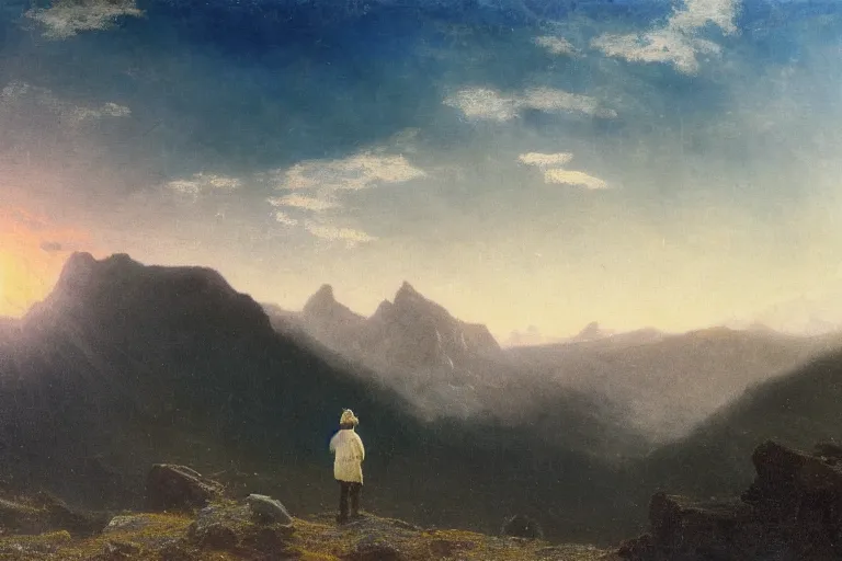 Prompt: a traveler wandering trough the mountains looking at the clouds, hyperdetailed, focused, oil painting, cinematic lighting, albert bierstadt, trending on artstation, colorful, canvas, sunset, centered, hans dahl, theodor kittelsen, hermann hendrich, national geographic, Konstantin Yakovlevich Kryzhitsky, beautiful nature, breathtaking, nordic, white shirt, blonde hair