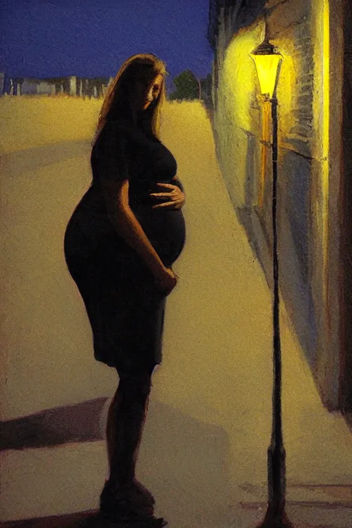 Prompt: pregnant woman under street light by Irina French