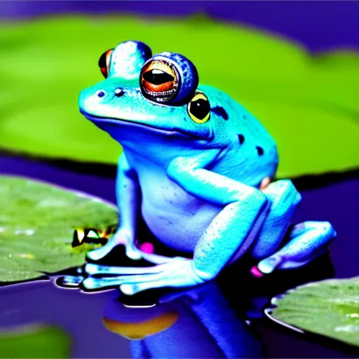 Image similar to cute blue frog sitting on a water lily, intricate, elegant, sharp focus, illustration, highly detailed, concept art, matte, trending on artstation, anime, art by kuvshinov ilya h 6 4 0