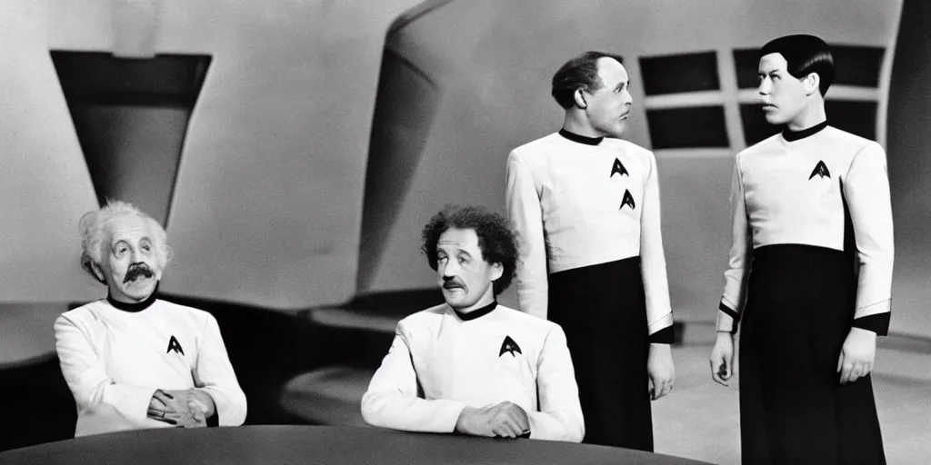 Image similar to Young Eintsein and Old Einstein in starfleet uniforms from the next Star Trek movie