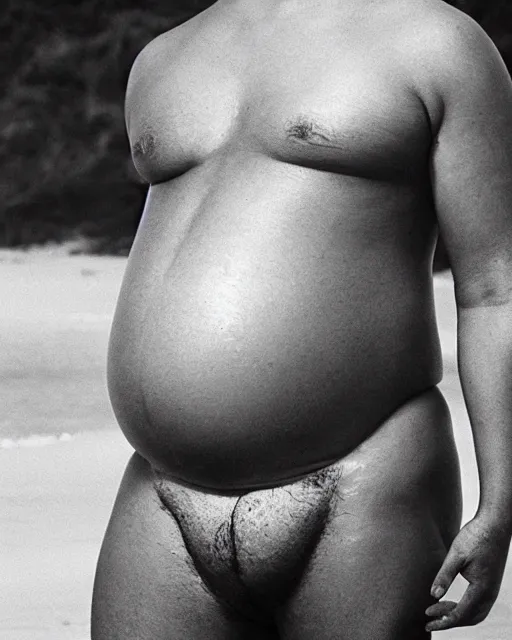 Image similar to photo of a heavily pregnant cute young asian male protagonist, big belly, exposed belly, muscular, on the beach, photo by annie leibovitz