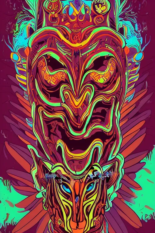 Image similar to totem animal mask tribal feather gemstone plant wood rock shaman vodoo video game vector illustration vivid multicolor borderlands comics by josan gonzales and dan mumford radiating a glowing aura