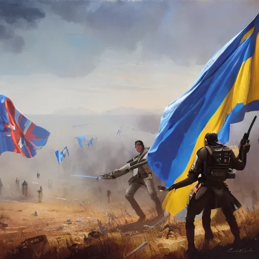 Image similar to In the Star Wars universe, rebels with Ukrainian flags are holding back the attacks of invaders with Russian flags by Greg Rutkowski