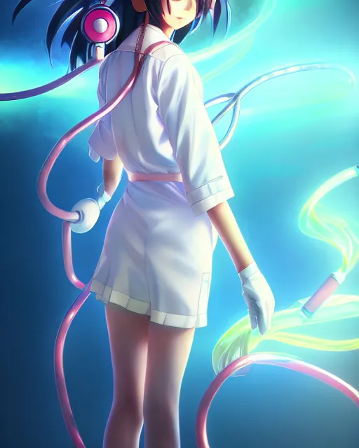 Image similar to anime style, vivid, expressive, full body, 4 k, painting, a cute magical girl with a long wavy black hair wearing a nurse outfit, stunning, realistic light and shadow effects, centered, simple background, studio ghibly makoto shinkai yuji yamaguchi