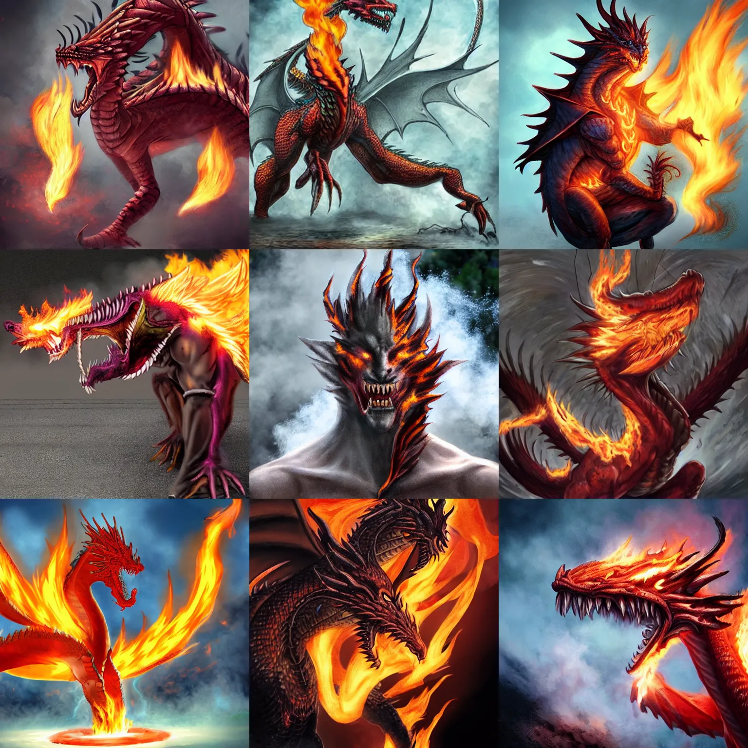 Prompt: human-dragon hybrid spitting fire