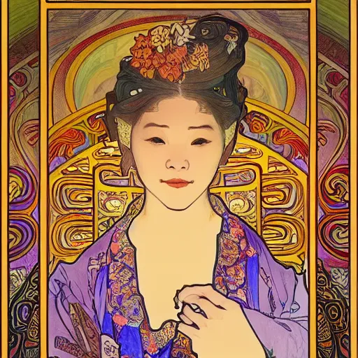 Prompt: A vietnamese scribe, by Alphonso Mucha, Josephine Wall, Vignette, Bloom, All Dimension, Surface Detail, 4k