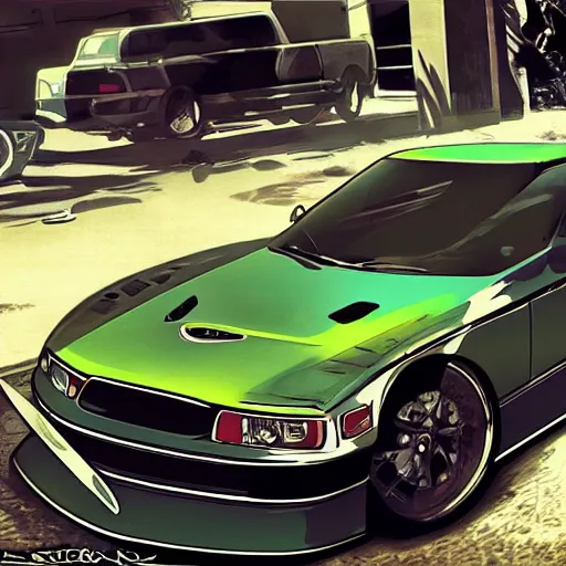 Image similar to Ricer Car in GTA 5, cover art by Stephen Bliss, boxart, loading screen