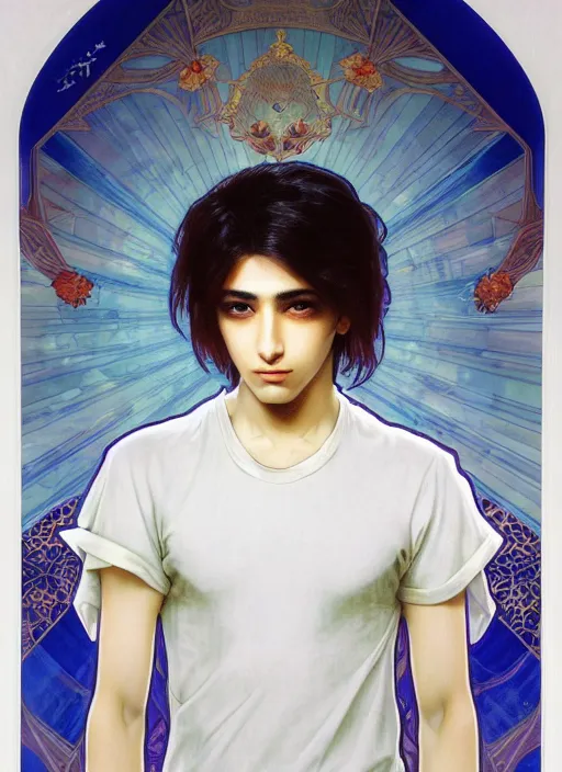 Prompt: beautiful medium shot portrait of a young arabic man inspired by ayami kojima with short hair dressed with a white t - shirt looking into the camera from three - quarters, white background white bank studio light, art by yoshitaka amano, alfons mucha, final fantasy, high quality, 8 k