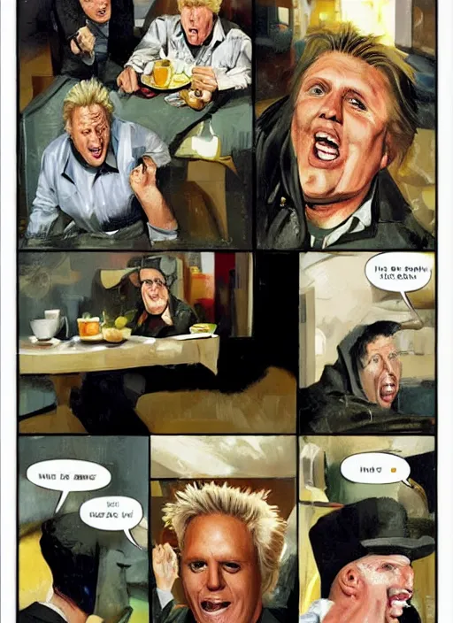 Prompt: gary busey is presented with the worst kind of food in a cafe and vows to eat the chef, by phil hale and tom lovell and frank schoonover