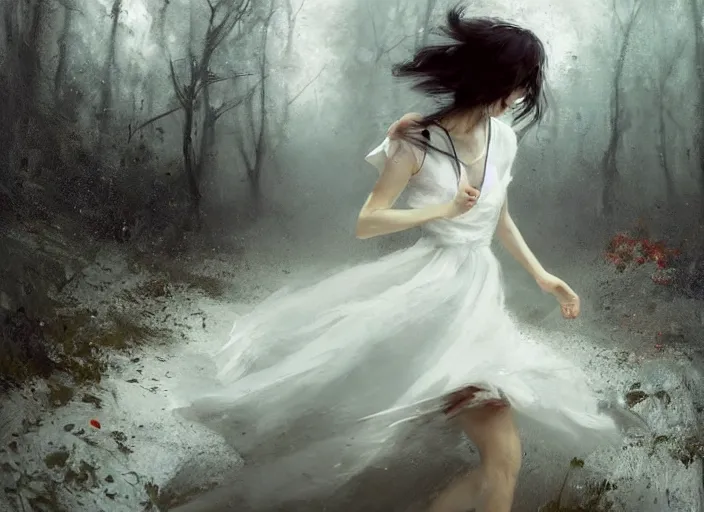 Image similar to white dress girl chasing from crazy grim reaper, messy hair, messy lines, scared face, beautiful and aesthetic and attractive, dramatic situation, specular reflection, occlusion shadow, intricate, bokeh, box office hit, masterpiece, by ilya kuvshinov and jeremy lipking and quentin mabille