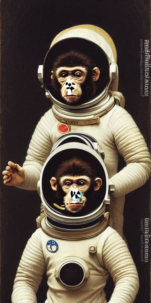 Prompt: portrait of a monkey wearing a spacesuit and an astronaut helmet, by bouguereau