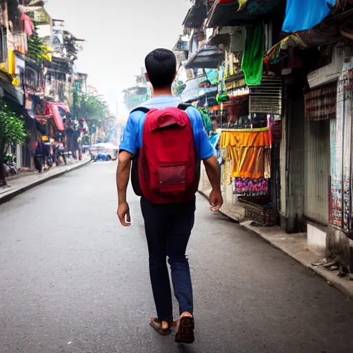 Prompt: 20 year old male American tourist wearing a backpack walking through hanoi as a Vietnamese propaganda poster. 8k resolution.