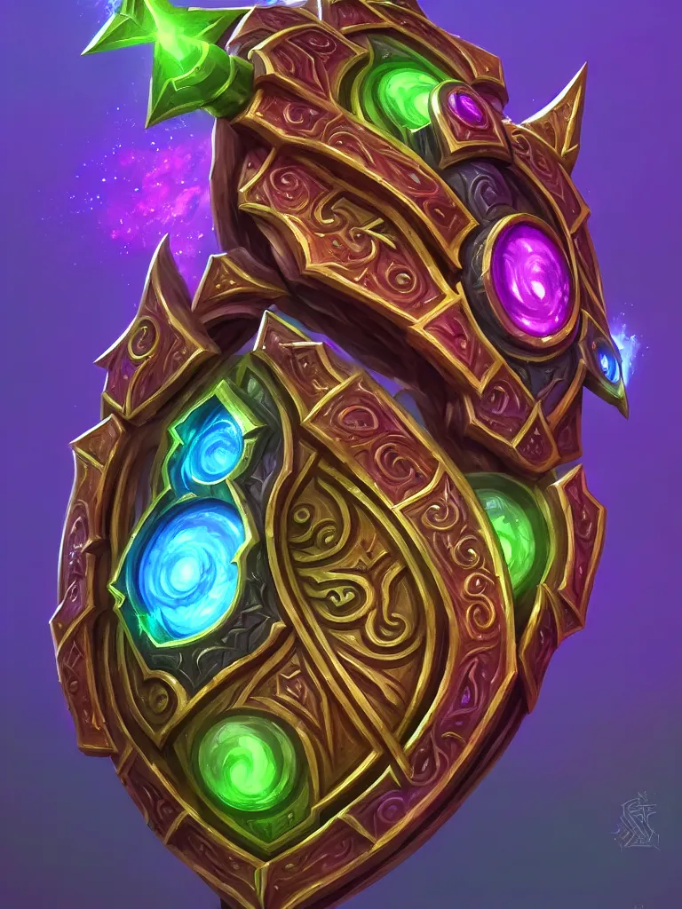 Image similar to bright shield of warcraft blizzard shield art, a spiral colorful gems shield. bright art masterpiece artstation. tree and roots shield, 8 k, sharp high quality illustration in style of jose daniel cabrera pena and leonid kozienko, green colored theme, concept art by tooth wu, card frame