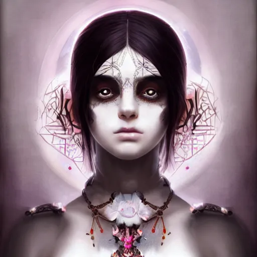 Image similar to symmetrical portrait of a beautiful dead princess female 4K symmetrical portrait, magical,fantasy , final fantasy, whole body, hyperrealism, cyberpunk, concept art, realistic, highly detailed, Featured on Artstation, cgsociety, Behance, Tom Bagshaw, Ross Tran, Japan Taiwan ,Soft lighting, attractive, highly detailed. intricate details. trending on artbreeder | zdzislaw beksinski. dariusz zawadzki. Michael Hutter. Peter Mohrbacher. Alfons Mucha. artstation