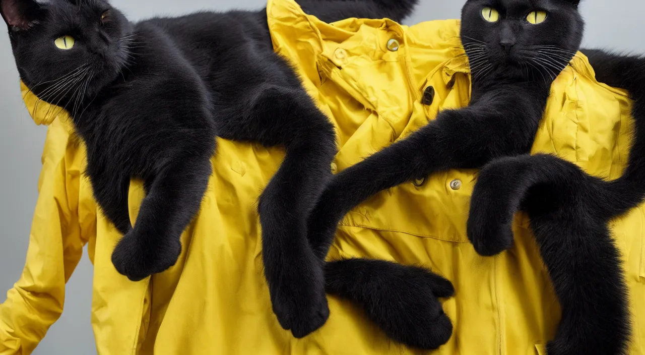 Prompt: a big black cat wearing a yellow raincoat, cat is standing on his back feet