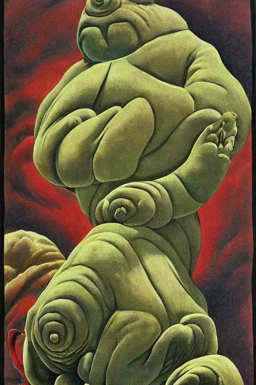 Image similar to giant tardigrade retro japanese monster slimy leather, poster, painting, 7 0 s vintage art, by georgia o keeffe, by gustave dore