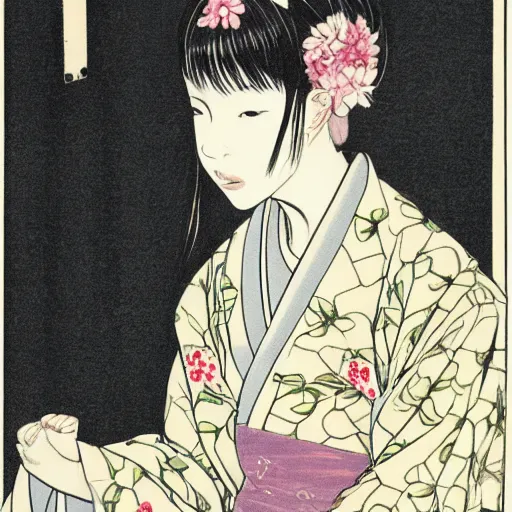 Prompt: A young lady in a kimono with almond-shaped eyes, sitting on a chair in a huge empty room, a black cat sitting on the window, a girl smiling, style