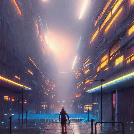 Prompt: highly detailed brutalist architecture city, with neon lights, while it's raining, stephen bliss, unreal engine, fantasy art by greg rutkowski, loish, rhads, ferdinand knab, makoto shinkai, ilya kuvshinov, rossdraws, global illumination, radiant light, detailed and intricate environment