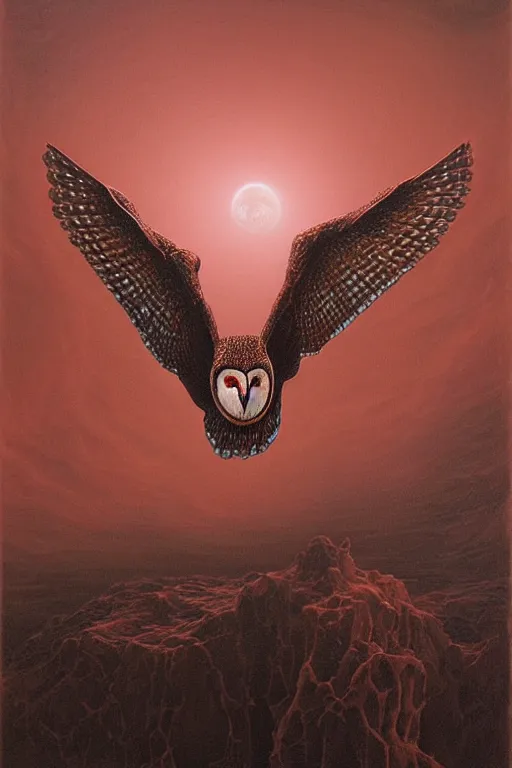 Prompt: painting of eldritch otherworldly barn owl striking a terrifying pose, by zdzislaw beksinski, by dariusz zawadzki, by wayne barlowe, gothic, surrealism, cosmic horror, biomorphic, lovecraftian, cold hue's, warm tone gradient background, concept art, beautiful composition