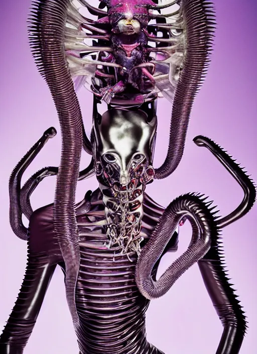 Prompt: walking down the catwalk, steven klein, mert alas and marcus piggott, show, stage, vogue photo, podium, fashion show photo, iris van herpen, beautiful woman, full body shot, helmet on face, masterpiece, inflateble shapes, plant predator, giger, guyver, jellyfish, biomechanical details, vibrant, pastel color scheme