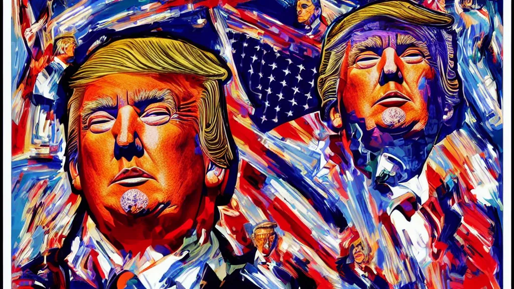 Image similar to donald trump apotheosis in the style of syd mead and alex grey