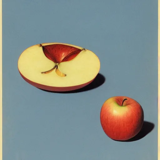 Prompt: slice of apple floating on a blue background, chesley bonestell, vincent di fate