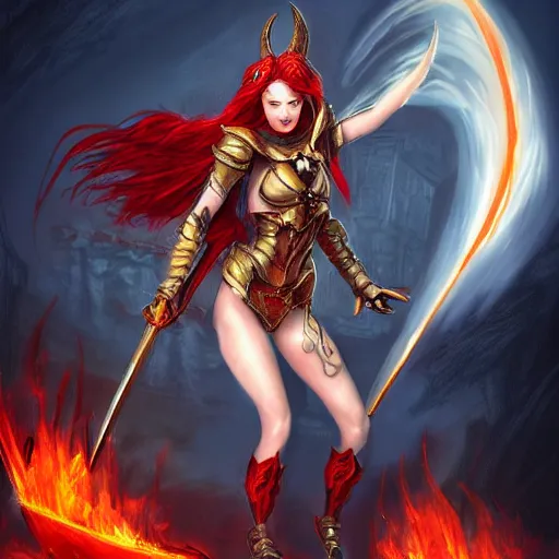 Image similar to fantasy concept art, ( ( winged ) ) ( red hair woman ) ( flaming sword ) ( ( ( plate armor ) ) ) ( ( ( ( devilish smile ) ) ) ), 4 k, painting