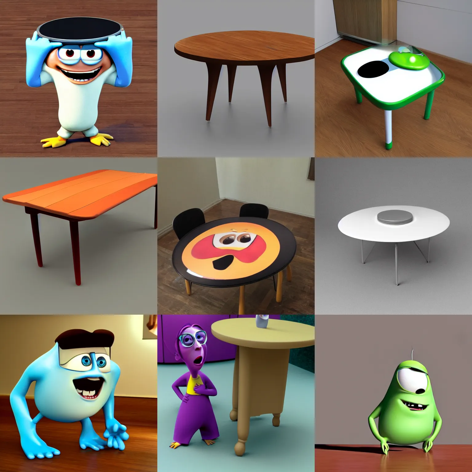 Prompt: table as pixar character, anthropomorphic, animated table, angry