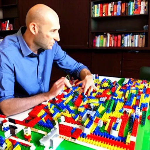 Prompt: A photo of Naftali Bennett playing with legos in his office, high quality