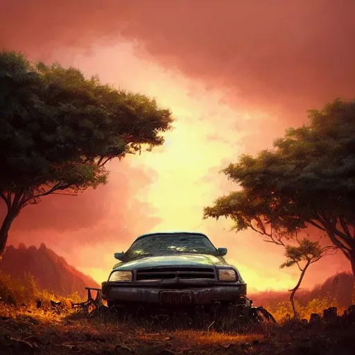 Image similar to low angle shot of tree growing inside scrap car in the foreground. overgrown. soft golden red sunset over the mountains in the background. clouds. detailed leaves. hyperrealistic, highly detailed, cinematic, beautiful, cgsociety, artstation, oil painting by greg rutkowski, by artgerm, by wlop