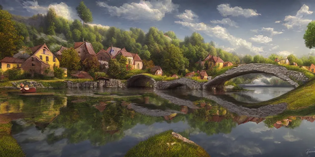 Prompt: super realistic photorealistic detailed village with a river, water, reflection, stone bridge, art by Gediminas Pranckevicius, Michelangelo