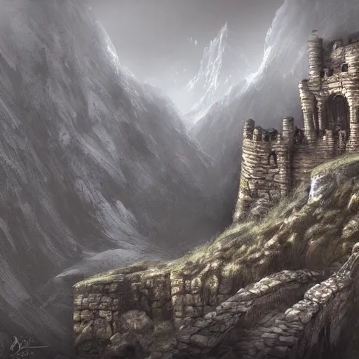 Prompt: abandoned stone fortress made by dwarves, carved into mountainside, fantasy, moody, high walls, single gate, architectural, digital painting