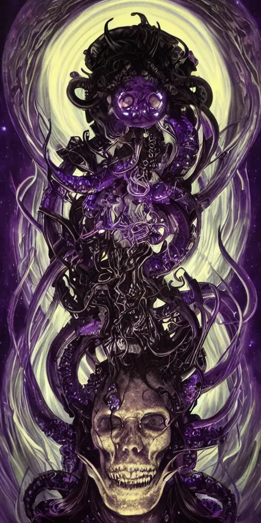 Prompt: intense glowing angry black metal pagan god with horns and tentacles and intense glowing eyes and a skull in very dark cosmic space by karol bak and artgerm and alphonse mucha, portrait, fantasy, clear, light beams, lens flare, intense, uhd, amazing depth, cinematic lighting, purple and violet and indigo and blue