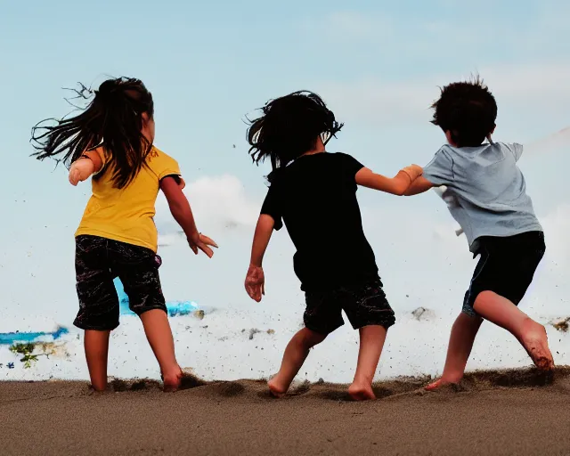 Image similar to children playing at the beach, action photography, cdx