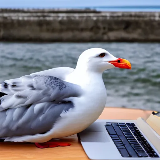 Prompt: a seagull angrily typing on a laptop