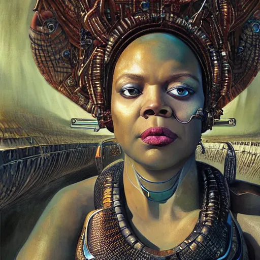 Image similar to An upper body portrait of an obese Zoe Saldana as the goddess of technology and agriculture. Coy facial expression. Beautiful and detailed, surrealism, mixed media. Random futuristic background. In the style of Karol Bak, Greg Rutkowski, and Boris Vallejo.