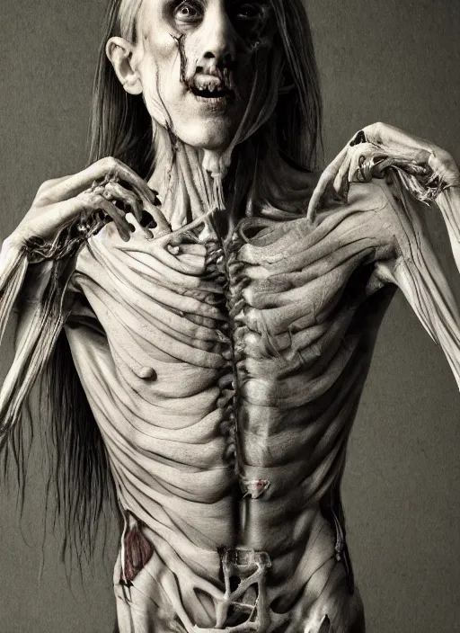 Prompt: Ghostemane with translucent skin, visible muscles and veins and arteries and bones and spines and nerves, beautiful detailed intricate insanely detailed octane render, 8k artistic photography, photorealistic, chiaroscuro, by David Cronenberg, Raphael, Caravaggio