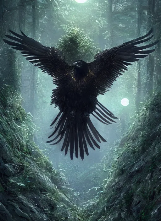 Prompt: best book cover design, glowing silver and golden elements, full close-up portrait of realistic crow with gems, book cover, green forest, white moon, establishing shot, extremly high detail, photo-realistic, cinematic lighting, by Yoshitaka Amano, Ruan Jia, Kentaro Miura, Artgerm, post processed, concept art, artstation, matte painting, style by eddie mendoza, raphael lacoste, alex ross
