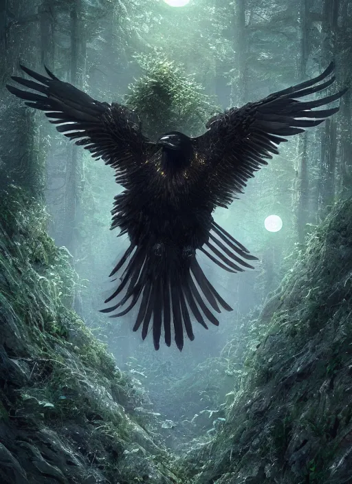 Image similar to best book cover design, glowing silver and golden elements, full close-up portrait of realistic crow with gems, book cover, green forest, white moon, establishing shot, extremly high detail, photo-realistic, cinematic lighting, by Yoshitaka Amano, Ruan Jia, Kentaro Miura, Artgerm, post processed, concept art, artstation, matte painting, style by eddie mendoza, raphael lacoste, alex ross