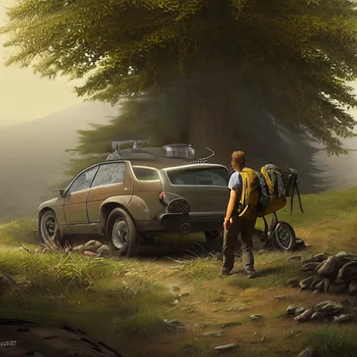 Prompt: hiker unloading the car before camping, by etienne hebinger, cgsociety, cynical realism, fantasy art, 2 d game art