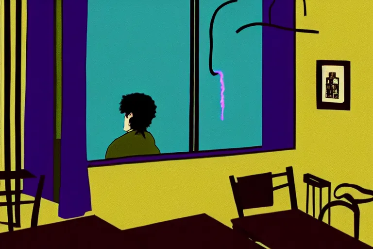 Image similar to old israeli apartment, todd solondz drinking alone, smoking, vaporwave colors, state of melancholy, romantic, dimmed lights, painting by francis bscon