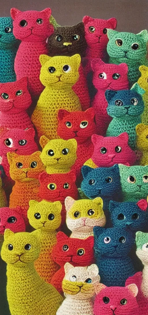 Prompt: multicolored crocheted cats, 1 9 8 0 s catalogue photo,