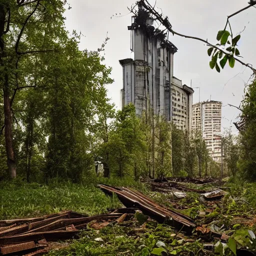 Prompt: photo of an overgrown Moscow in ruins